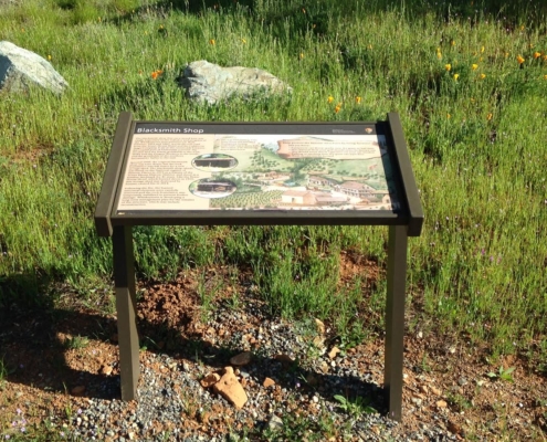 Whiskeytown NRA close up of interpretive panel in cantilever pedestal