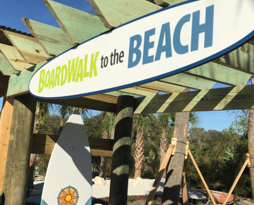Florida Beach Resort surfboard shaped intepretive panel identity sign