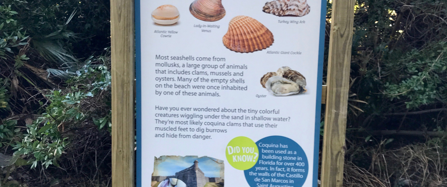 Florida Beach Resort shaped intepretive panel in kiosk featuring seashells