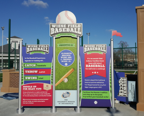 Indianapolis Children's Museum Large bright graphic panel signs in outdoor play area