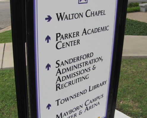 UMHB Wayfinding Sign designating campus bulidling locations
