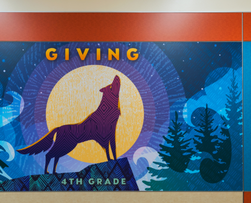 Barnett Elementary wall panel,4th Grade, wolf with the word "giving"