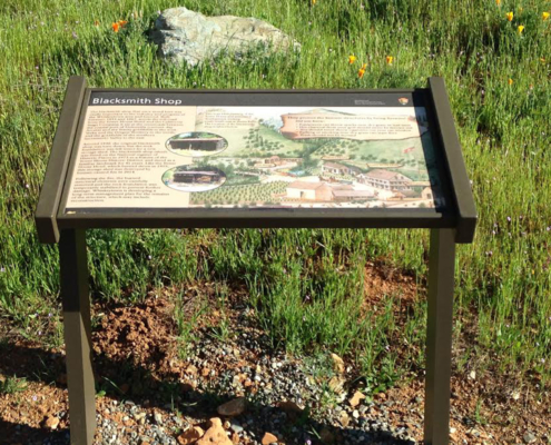 Whiskeytown NRA close up of interpretive panel in cantilever pedestal